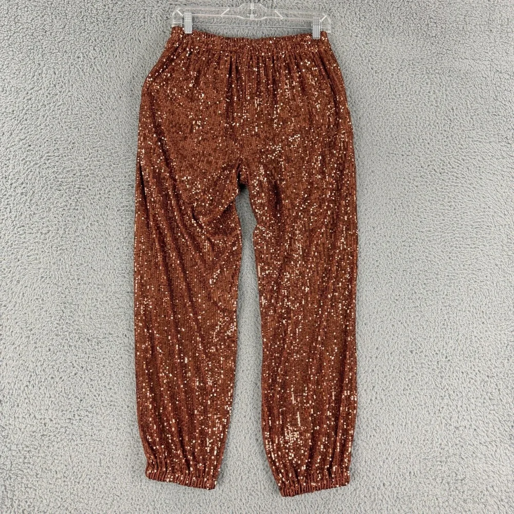 Free People Sequin Jogger Pants Womens Small Brown Copper High Rise Pleated Crop